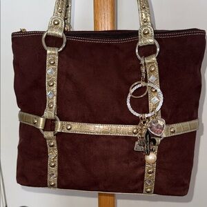 Kathy Van Zeeland Brown Bronze Embellished Shoulder Tote with Charms!